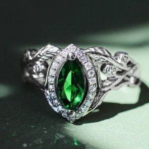 ❤Emerald Marquis Gem Leaf Weave Silver Noble Rings for Women, MARR9098